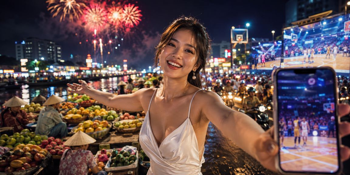 Khung cảnh cá cược bóng rổ tại Việt Nam với ánh đèn neon